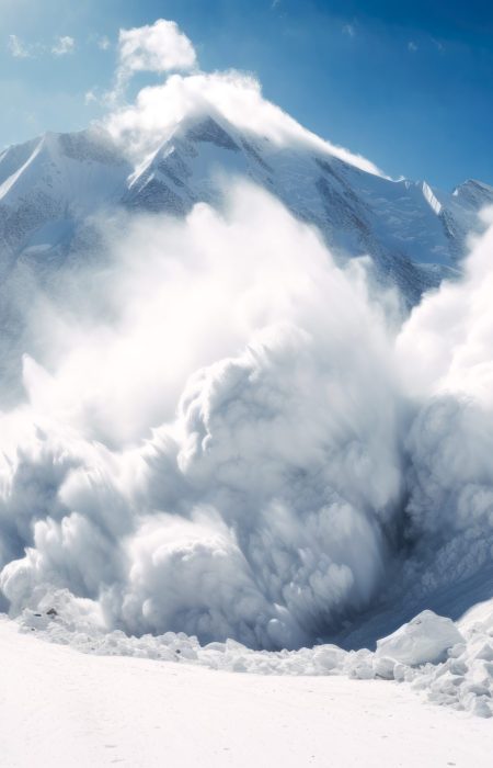 Darstellung einer Lawine in den Schweizer Alpen zur Visualisierung einer bevorstehenden Finanzkrise und als Anreiz für eine krisensichere Geldanlage