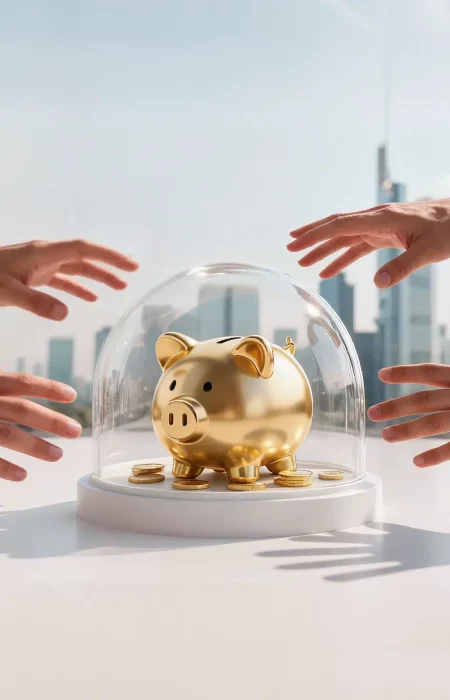 Goldenes Sparschwein unter einer Glasglocke auf weißem Tisch, umgeben von mehreren Händen, die danach greifen – Symbol für Schutz des Vermögens vor staatlichem Zugriff und Enteignung.